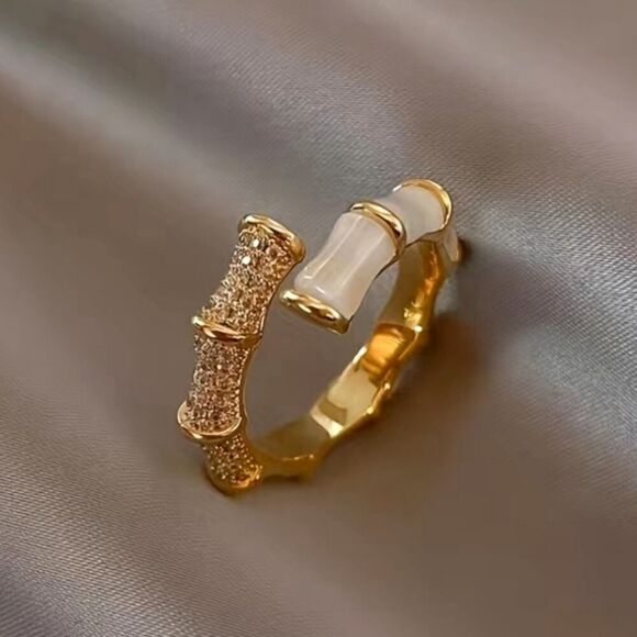 Bamboo Shape Gold Plated Ring Opal Gemstone Size 7 to 8 Adjustable - Picture 2 of 7